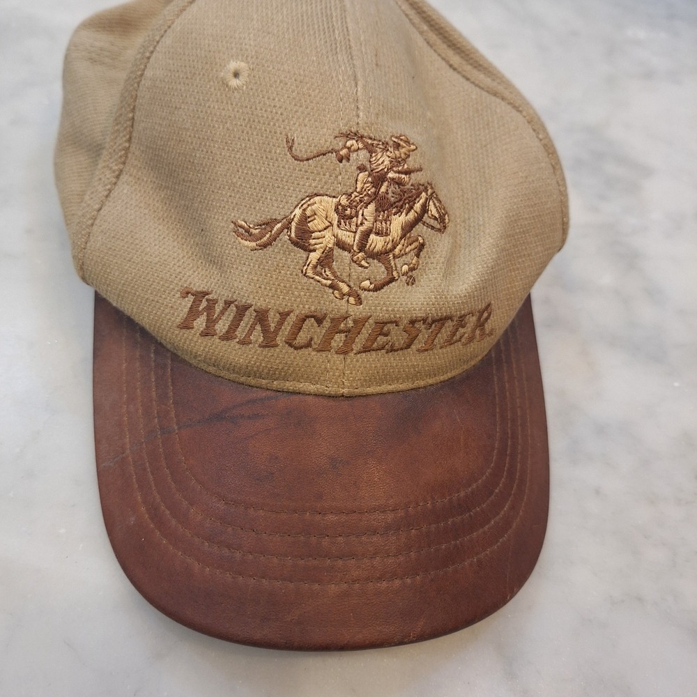 Vintage Winchester Hat Mens Tan Leather Brim Canvas Strapback Hunting Cap As Is
